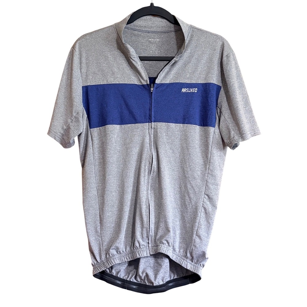 ARSUXEO Mens Cycling Jersey Short Sleeve‎ Full Zip Gray Blue Gorpcore MTB SzS